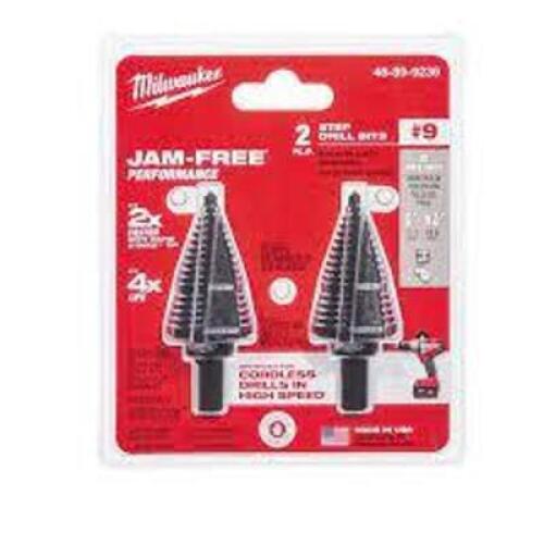 DESCRIPTION: (1) PACK OF (2) JAM FREE STEP DRILL BITS BRAND/MODEL: MILWAUKEE #48-89-9239 SIZE: #9, 7/8" TO 1-1/8" RETAIL$: $94.25 EA QTY: 1