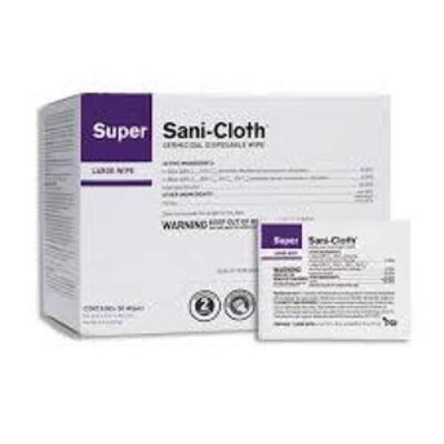 DESCRIPTION: (3) BOXES OF (50) GERMICIDAL DISPOSABLE WIPES BRAND/MODEL: SUPER SANI-CLOTH INFORMATION: LARGE WIPE RETAIL$: $11.29 EA QTY: 3