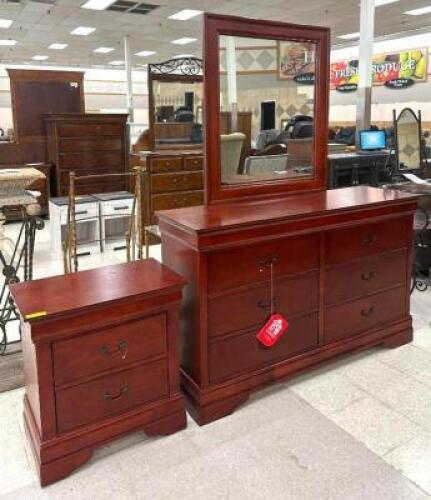 LOUIS PHILIPPE CHERRY DRESSER WITH MIRROR AND NIGHT STAND