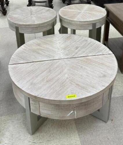 URLANDER LIFT TOP COCKTAIL TABLE AND (2) ROUND END TABLES