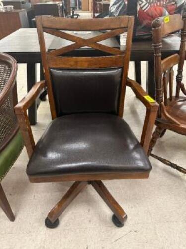 WOODEN OFFICE CHAIR W/ BLACK CUSHION SEAT