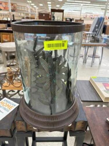 LARGE GLASS VASE CENTER PIECE W/ METAL BASE.