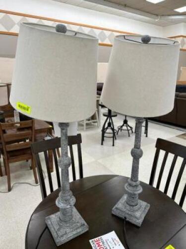(2) TALL END TABLE LAMPS WITH SHADES.