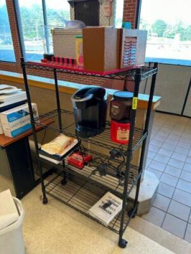 SHELF AND CONTENTS - COFFEE MACHINE AND MISC.,
