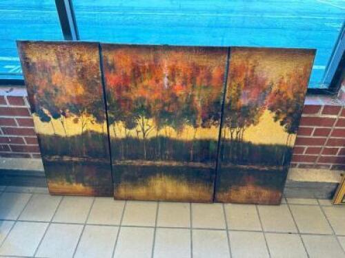 (3) PANEL WALL ART W/ AUTUM FOREST SCENE.