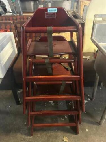 DESCRIPTION: (3) WOODEN HIGH CHAIRS W/ CHERRY FINISH LOCATION: BAY 6 THIS LOT IS: SOLD BY THE PIECE QTY: 3