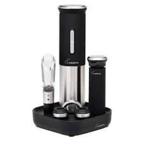 DESCRIPTION: (1) ELETRIC WINE OPENER KIT BRAND/MODEL: RABBIT INFORMATION: BLACK WITH STAINLESS STEEL SIZE: 4 PIECE RETAIL$: $24.99 EA QTY: 1