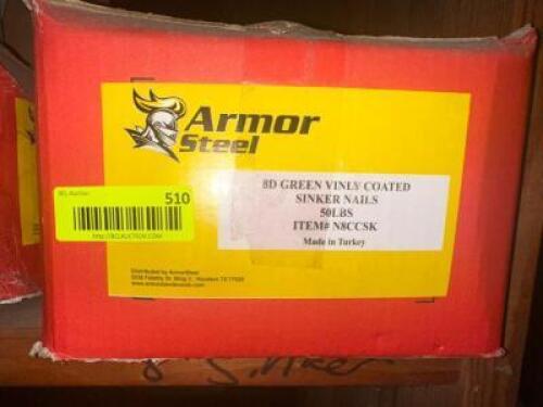 DESCRIPTION: (1) BOX OF 8D GREEN VINYL COATED SINKER NAILS LOCATION: WAREHOUSE QTY: 1