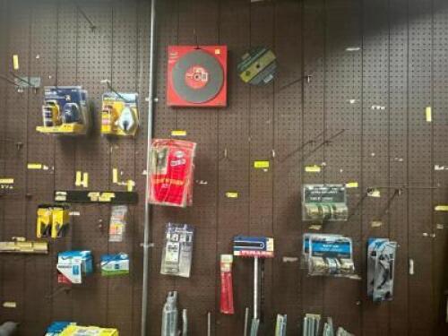 DESCRIPTION: CONTENTS OF PEG BOARD - ASSORTED TOOLS AND HARDWARE ADDITIONAL INFORMATION AS SHOWN IN PHOTO LOCATION: SALES THIS LOT IS: ONE MONEY QTY:
