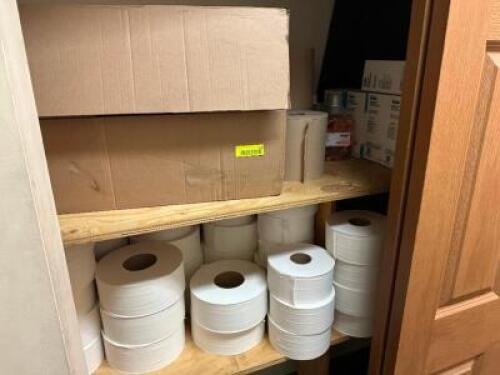 DESCRIPTION: CONTENTS OF CLOSET - ASSORTED PAPER SUPPLIES AND CLEANING PRODUCT LOCATION: DOWNSTAIRS OFFICE QTY: 1