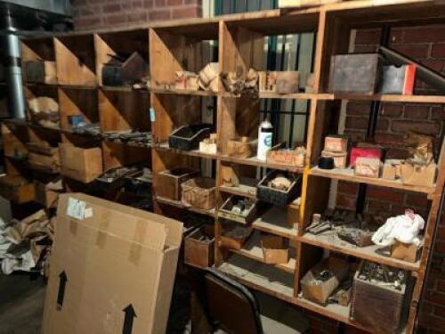 DESCRIPTION: CONTENTS OF WOODEN BIN ASSORTED HARDWARE AND PARTS. LOCATION: UPSTAIRS OFFICE QTY: 1