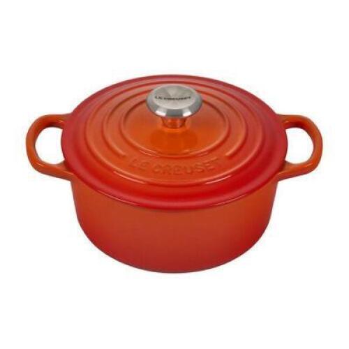 DESCRIPTION: (1) ROUND DUTCH OVEN BRAND/MODEL: LE CREUSET INFORMATION: ORANGE SIZE: 5.5 QT RETAIL$: $420.00 EA QTY: 1