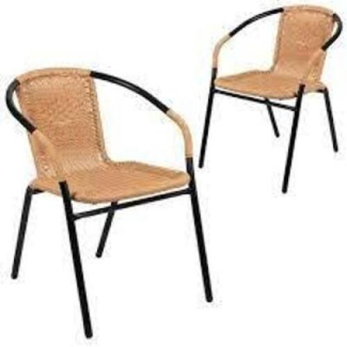 DESCRIPTION: (4) INDOOR-OUTDOOR RATTAN CHAIRS BRAND/MODEL: FLASH FURNITURE #TLH-037-BEG-GG INFORMATION: BLACK WITH TAN SIZE: STACKABLE RETAIL$: $114.9