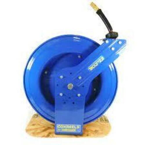 DESCRIPTION: (1) SPRING RETURN HOSE REEL BRAND/MODEL: COXREELS/EZ-SH-450-RH-BXB INFORMATION: 300 PSI/BLUE/MAX TEMP: 150F SIZE: 1/2"I.D. X 50 HOSE LENG