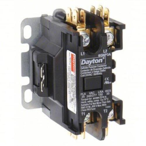 DESCRIPTION: (2) DEFINITE PURPOSE CONTACTOR BRAND/MODEL: DAYTON #6GNP3 SIZE: 1+N POLES, 25 A FULL LOAD AMPS-INDUCTIVE, 24V AC RETAIL$: $30.58 EA QTY: