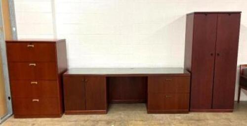 DESCRIPTION WOODEN OFFICE SET (DESK, FILING CABINET, WARDROBE CABINET) LOCATION BASEMENT FILE CABINET STORAGE THIS LOT IS ONE MONEY QUANTITY: X BID 1