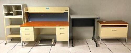 DESCRIPTION OFFICE DESK WITH FILING CABINET, CART, AND STANDING DESK LOCATION MAIL ROOM THIS LOT IS ONE MONEY QUANTITY: X BID 1
