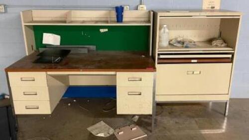 DESCRIPTION METAL/COMPOSITE DESK WITH FILING CABINET LOCATION MAIL ROOM STORAGE AREA THIS LOT IS ONE MONEY QUANTITY: X BID 1