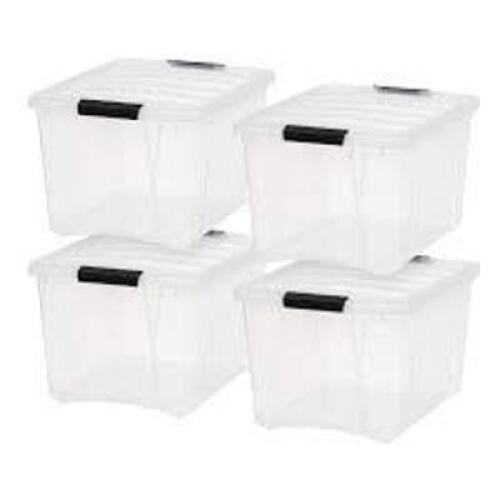 DESCRIPTION: (4) LOCKING STORAGE BINS BRAND/MODEL: IRIS USA INFORMATION: CLEAR WITH BLACK HANDLES RETAIL$: $41.82 TOTAL QTY: 4
