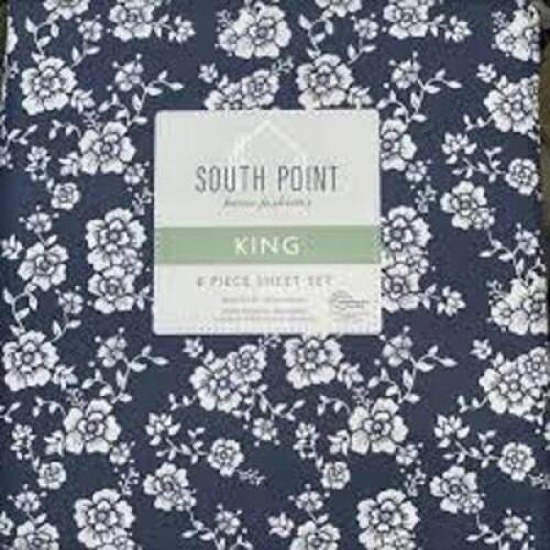 DESCRIPTION: (1) SET OF SHEETS BRAND/MODEL: SOUTH POINT INFORMATION: BLUE WITH WHITE FLOWERS SIZE: KING SIZE, 6 PIEFES RETAIL$: $39.99 TOTAL QTY: 1