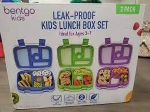 DESCRIPTION: (1) SET OF (3) KIDS LUNCH BOX SET BRAND/MODEL: BENTGO INFORMATION: BLUE GREEN PURPLE RETAIL$: $60.00 EA QTY: 1