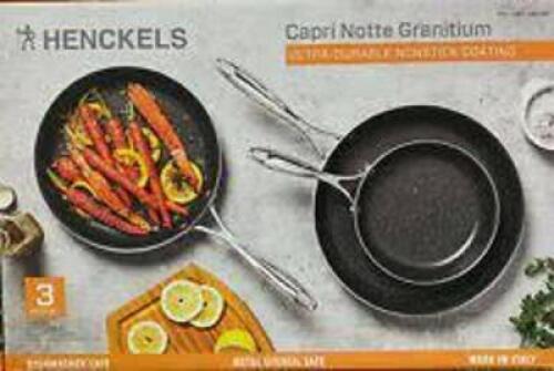 DESCRIPTION: (1) ULTRA DURABLE NONSTICK 3 PIECE PAN SET BRAND/MODEL: HENCKELS #1424569 INFORMATION: BLACK RETAIL$: $104.89 EA QTY: 1