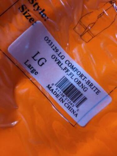 DESCRIPTION: (5) HIGH VISIBILITY / FLAME RESISTANT RAINWEAR BRAND/MODEL: TINGLEY #053129 INFORMATION: FLU. ORANGE SIZE: LARGE RETAIL$: $10.71 EA QTY: