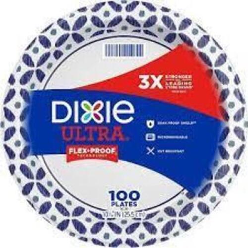 DESCRIPTION: (1) PACK OF (100) DISPOSABLE PLATESBRAND/MODEL: DIXIEINFORMATION: WHITE WITH DESIGNSSIZE: 10-1/16"RETAIL$: $14.99 EAQTY: 1