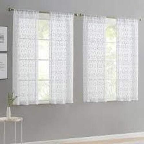 DESCRIPTION: (1) SHEER PANEL SET BRAND/MODEL: MAINSTAYS INFORMATION: BLUE EMBROIDED GEO SIZE: 63 IN RETAIL$: $14.98 EA QTY: 1