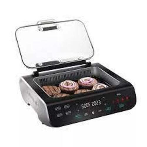 DESCRIPTION: (1) SMOKLESS GRILL GRIDDLE AIR FRYER BRAND/MODEL: GOURMIA FOODSTATION INFORMATION: BLACK RETAIL$: $100.00 EA QTY: 1