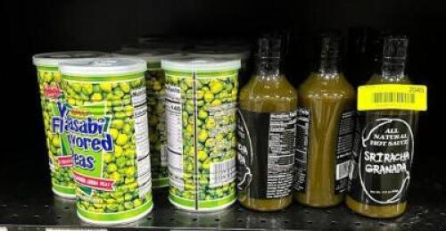 (15)- CONTAINERS OF WASABI PEAS AND SIRACHA SAUCE