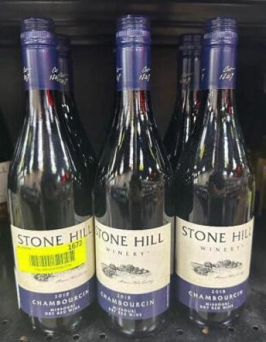 (6) BOTTLES OF STONE HILL CHAMBOURCIN DRY RED WINE.