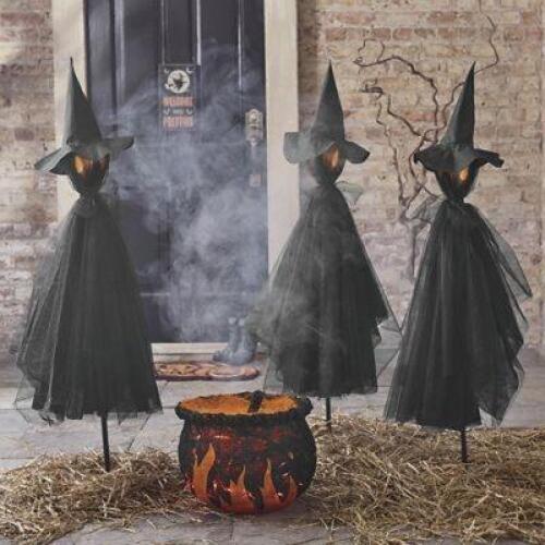 Set of (3) Glowing Spooky Black Witch Stakes