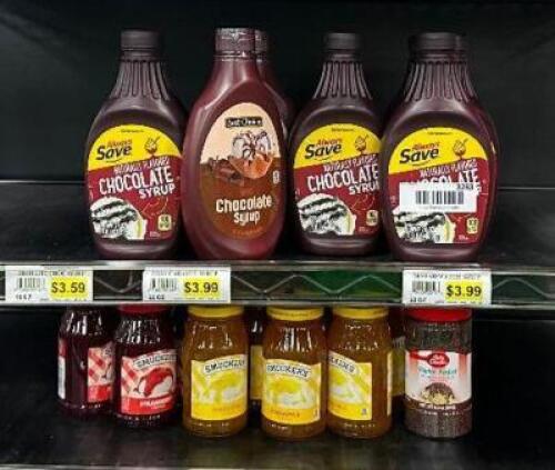 (14) ASSORTED BOTTLES OF CHOCOLATE SYRUP AND ASSORTED FLAVORINGS