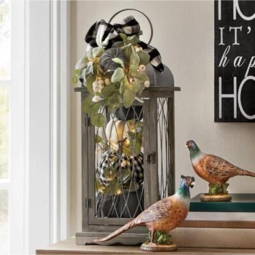 Lantern with Buffalo Plaid and Blue Pumpkins