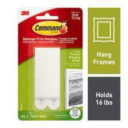 DESCRIPTION: (24) PACKS OF LARGE PICTURE HANGING STRIPS BRAND/MODEL: COMMAND, 3M #17206-ES INFORMATION: WHITE SIZE: 16 LB CAPACITY RETAIL$: $8.75 PER