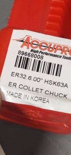 DESCRIPTION: (1) ER32 HOLLOW TAPER SHANK COLLET CHUCK BRAND/MODEL: ACCUPRO 89668008 SIZE: 0.625 TO 0.7813" CAPACITY RETAIL$: $467.66 QTY: 1