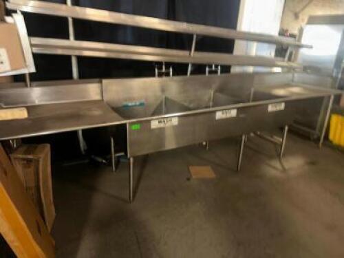 14' HEAVY DUTY THREE WELL STAINLESS POT SINK W/ TWO TIER RISER SHELF.