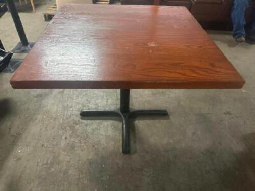 (2) 36" X 36" HARDWOOD TABLES W/ METAL FOUR WAY BASES