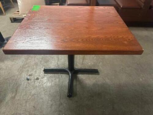 (2) 36" X 30" HARDWOOD TABLES W/ METAL FOUR WAY BASES