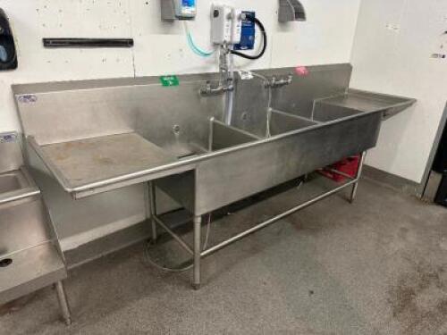 10' THREE WELL STAINLESS POT SINK W/ LEFT AND RIGHT DRY BOARDS AND DOUBLE FAUCET.