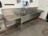 10' THREE WELL STAINLESS POT SINK W/ LEFT AND RIGHT DRY BOARDS AND DOUBLE FAUCET.