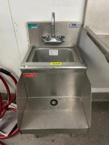WALL MOUNTED STAINLESS HAND SINK W/ BLENDER RACK.