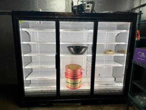 HUSSMANN THREE GLASS DOOR MERCHANDISER FREEZER. REMOTE COOLED W/ COMPRESSOR