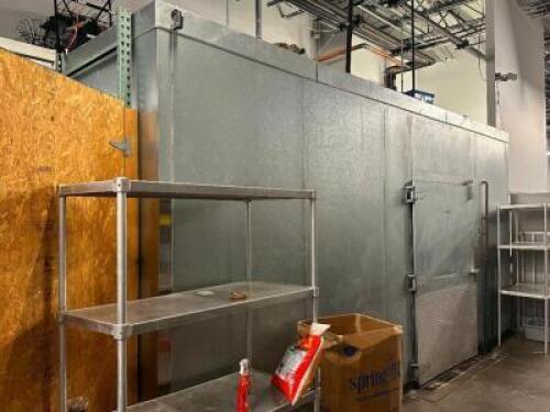 KYSOR PANEL SYSTEM 19' X 11.5' WALK IN COOLER / MEAT ROOM. W/ (3) DOOR MERCHANDISER FRONT AND (1) LARGE MAN DOOR.