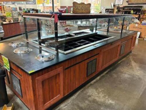 15' X 66" ISLAND SALAD BUFFET UNIT W/ DROP IN SELF CONTAINED REFRIGERATED WELL, SNEEZE GUARD, PLATE WELLS AND (4) GROUP DROP IN WARMER.