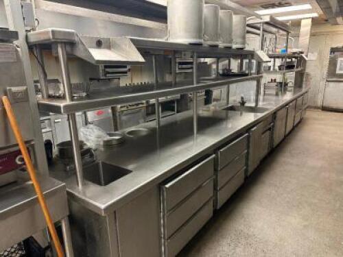 27' X 44" ALL STAINLESS CHEFS LINE WITH MULTI DRAWER AND DOOR REFRIGERATION. COMES WITH RISER SHELF AND HEAT LAMPS, SINK, (3) DROP IN SOUP WARMERS, AND POT RACK.