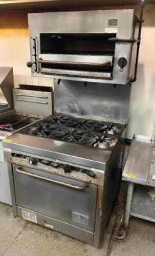 SOUTHBEND SIX BURNER GAS RANGE W/ LOWER OVEN AND 36" SALAMANDER.