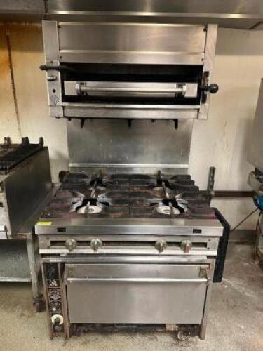 JADE RANGE HEAVY DUTY FOUR BURNER GAS RANGE W/ LOWER OVEN AND 36" SALAMANDER.