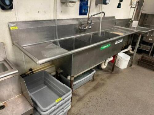 90" THREE WELL STAINLESS POT SINK W/ LEFT AND RIGHT DRY BOARDS.